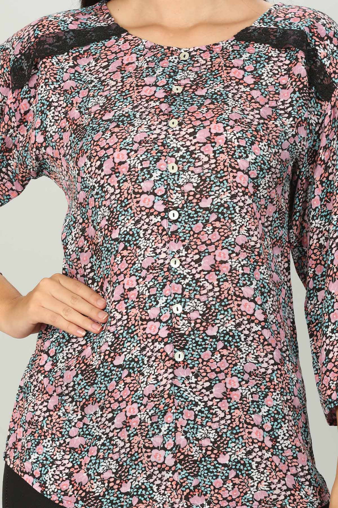 Pink Printed Top with Round Neck