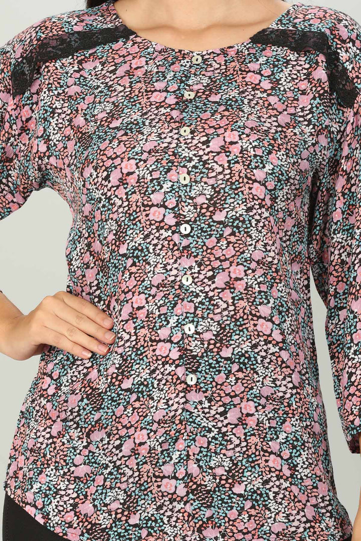 Pink Printed Top with Round Neck