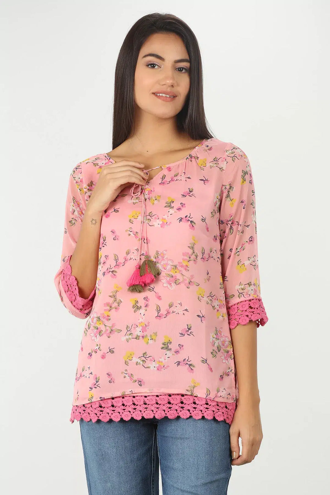 PINK FLORAL PRINTED CHIFFON TOP