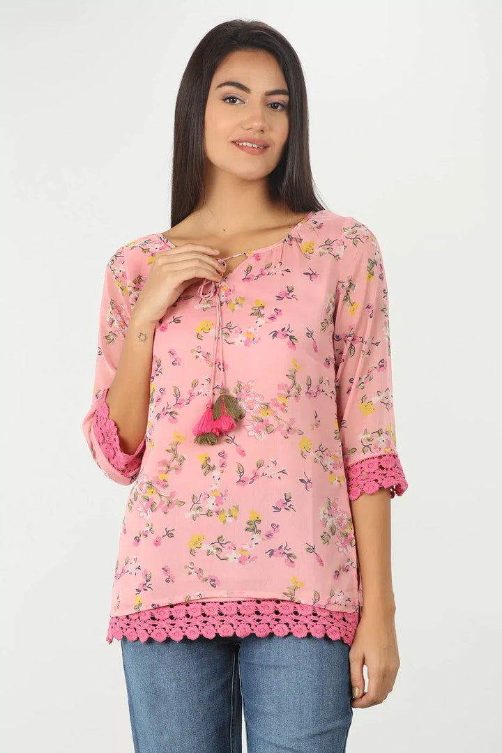 PINK FLORAL PRINTED CHIFFON TOP