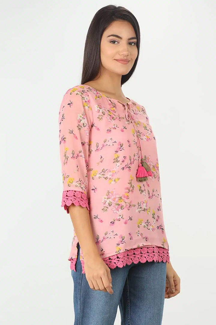 PINK FLORAL PRINTED CHIFFON TOP