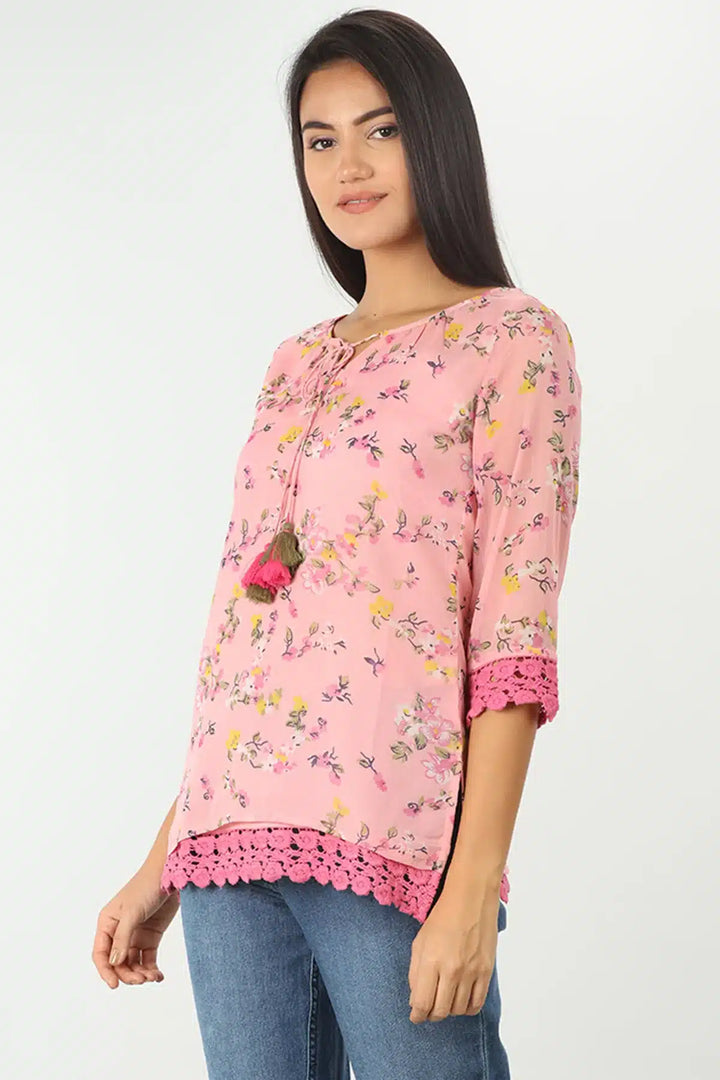 PINK FLORAL PRINTED CHIFFON TOP