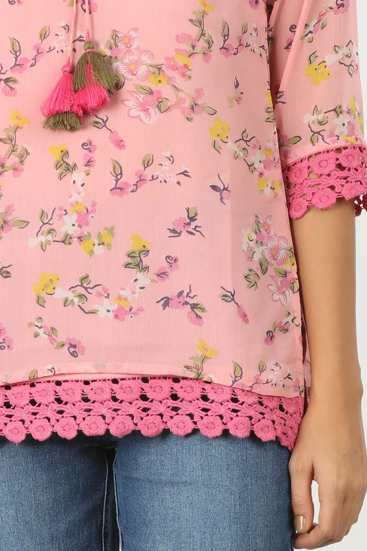 PINK FLORAL PRINTED CHIFFON TOP