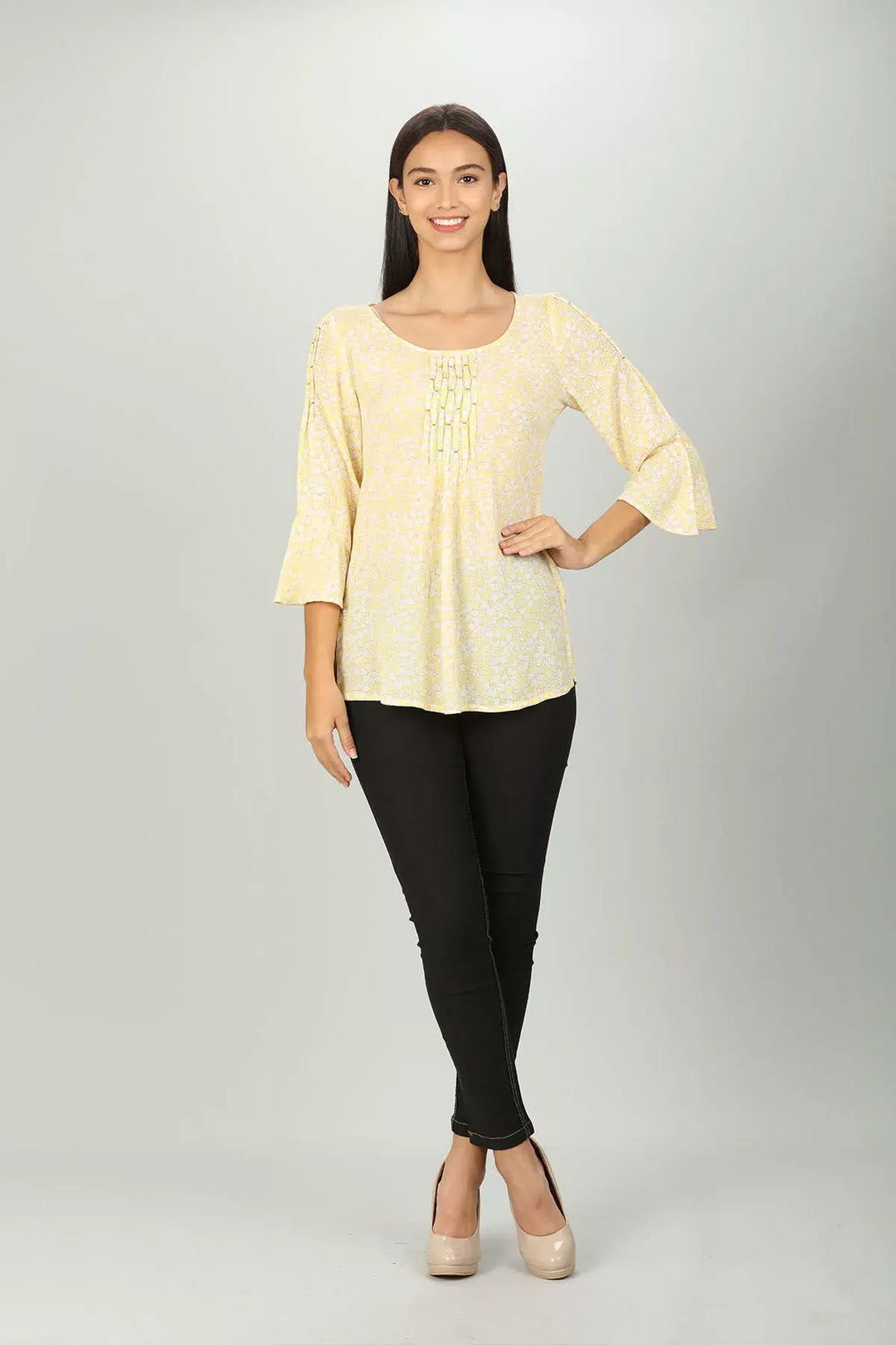 Light Yellow printed Round neck Top