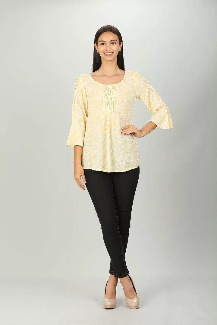 Light Yellow printed Round neck Top