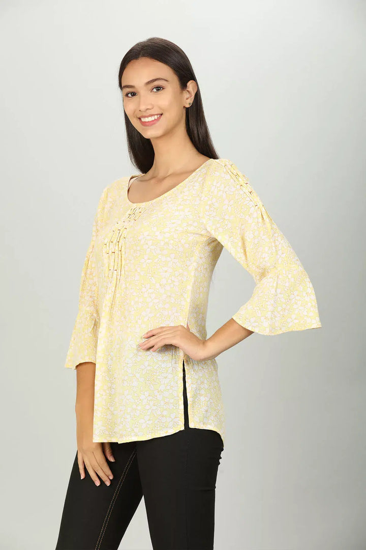 Light Yellow printed Round neck Top