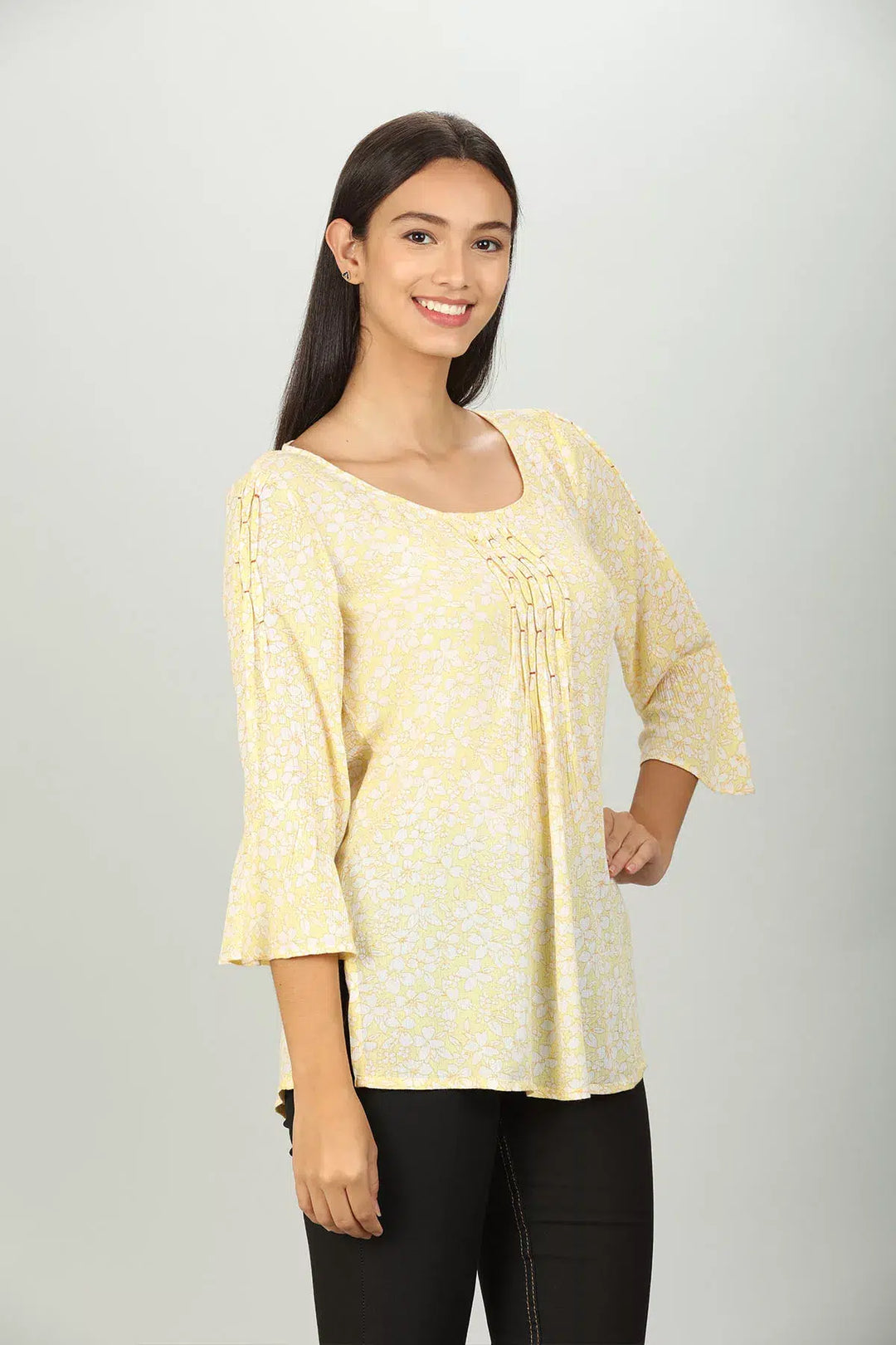 Light Yellow printed Round neck Top