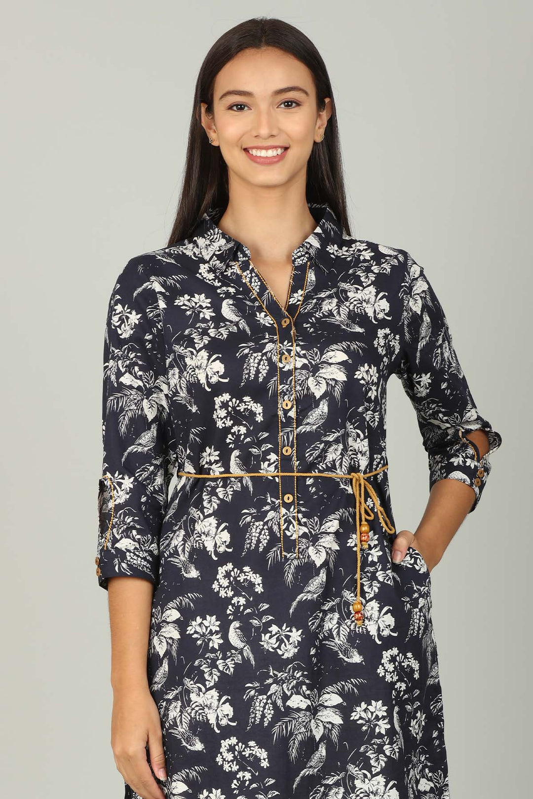Navy Cotton printed  Collar Tunic