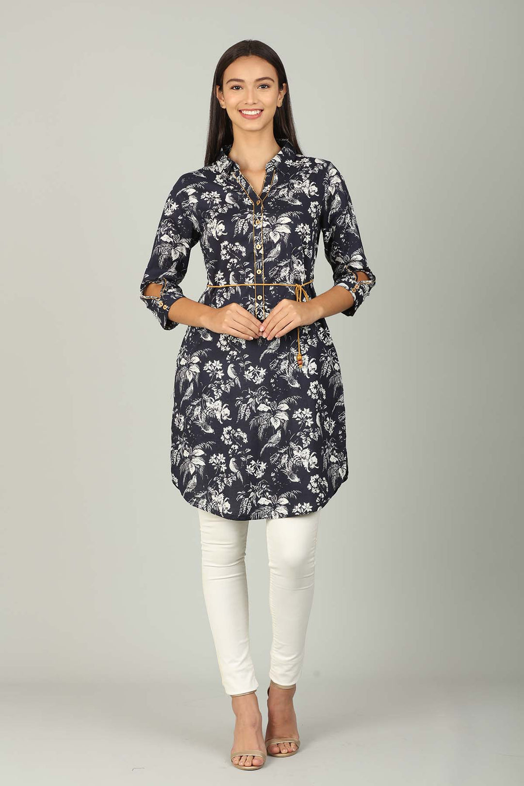 Navy Cotton printed  Collar Tunic