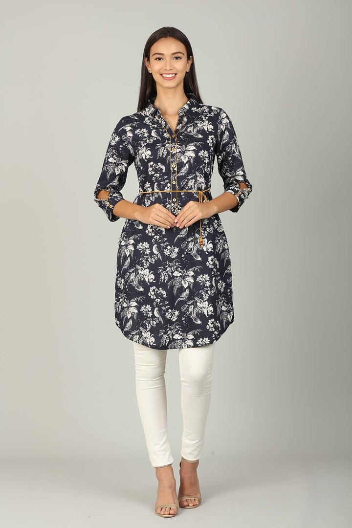 Navy Cotton printed  Collar Tunic