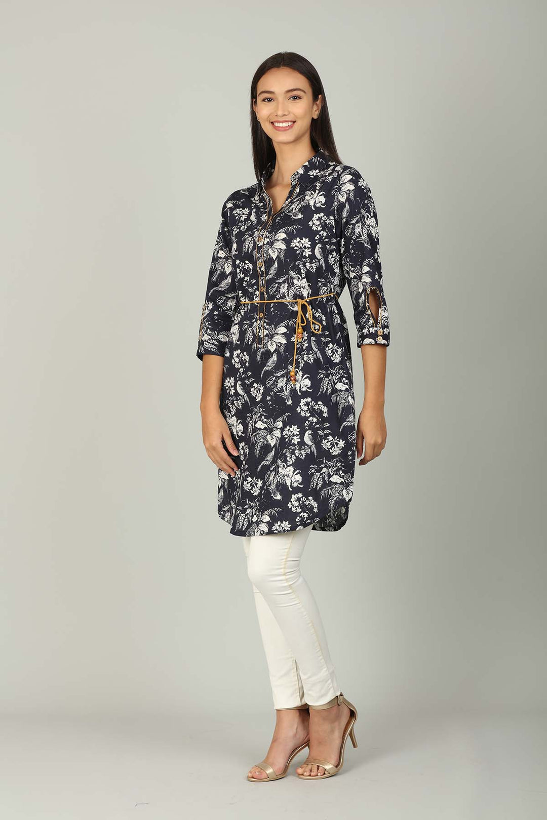 Navy Cotton printed  Collar Tunic