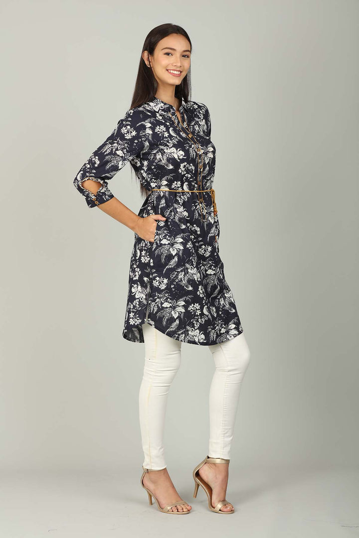 Navy Cotton printed  Collar Tunic