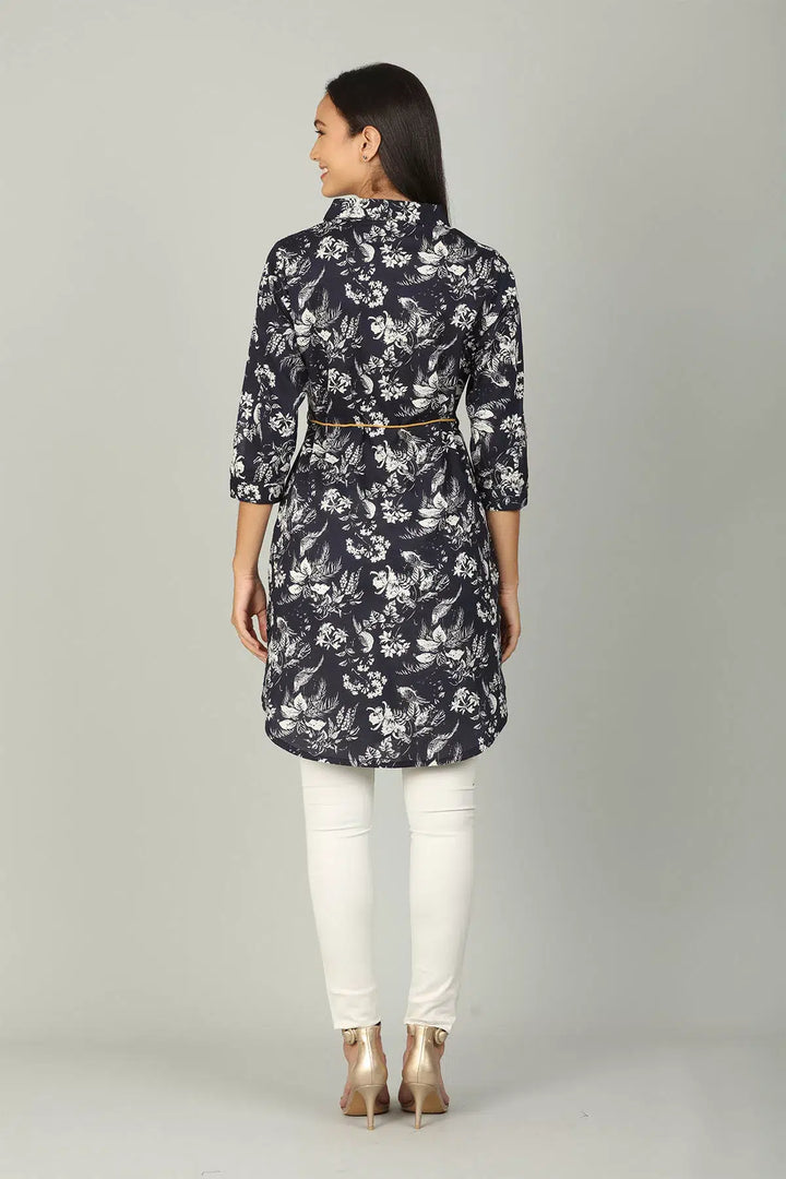 Navy Cotton printed  Collar Tunic