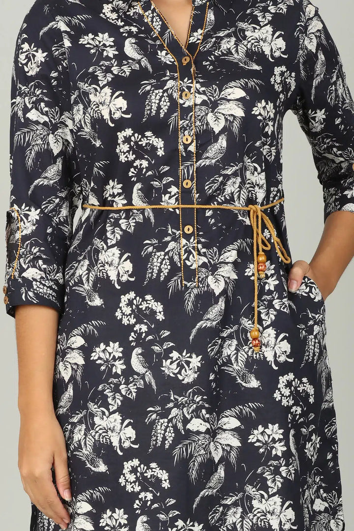 Navy Cotton printed  Collar Tunic