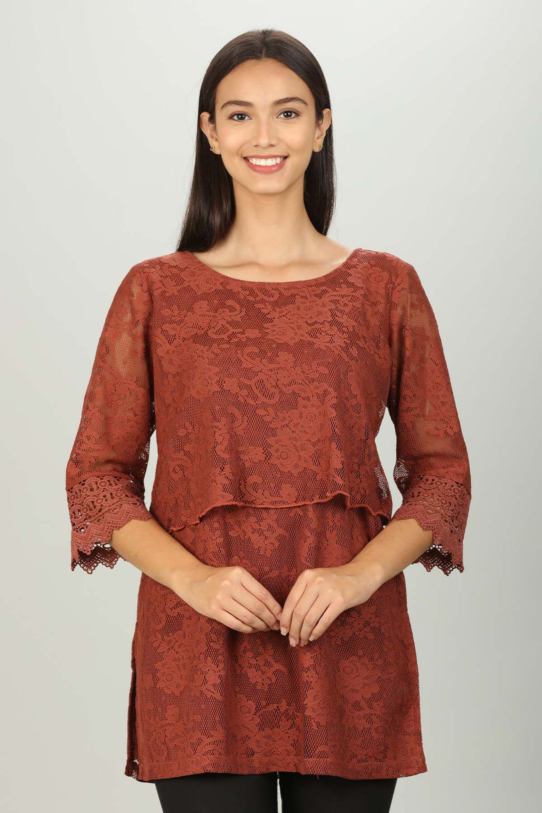 floral net lace Layer top (Rust Red)