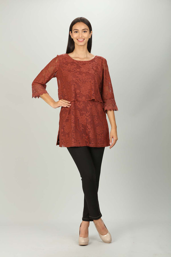 floral net lace Layer top (Rust Red)