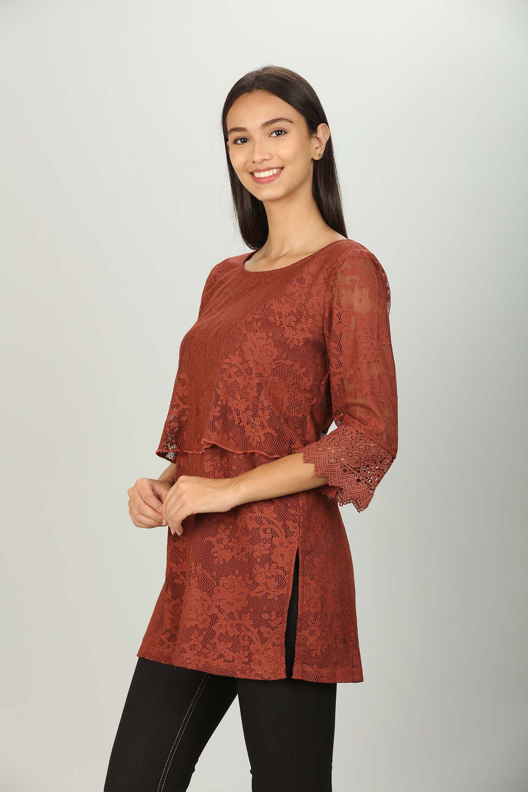 floral net lace Layer top (Rust Red)