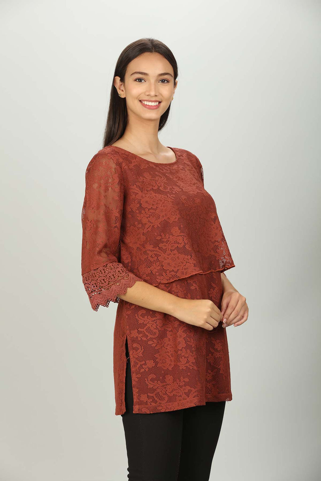 floral net lace Layer top (Rust Red)