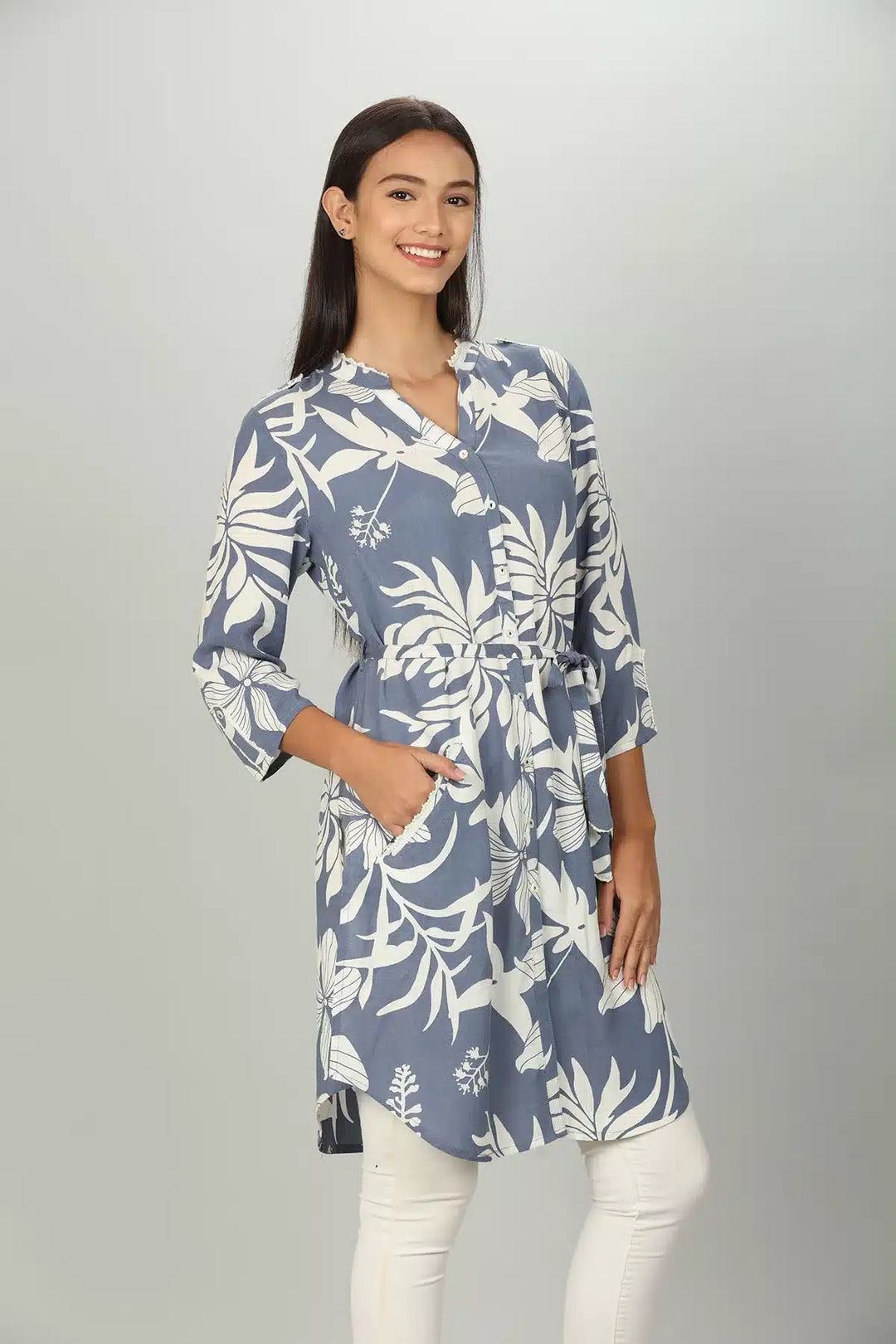 Blue Floral Print Long shirt