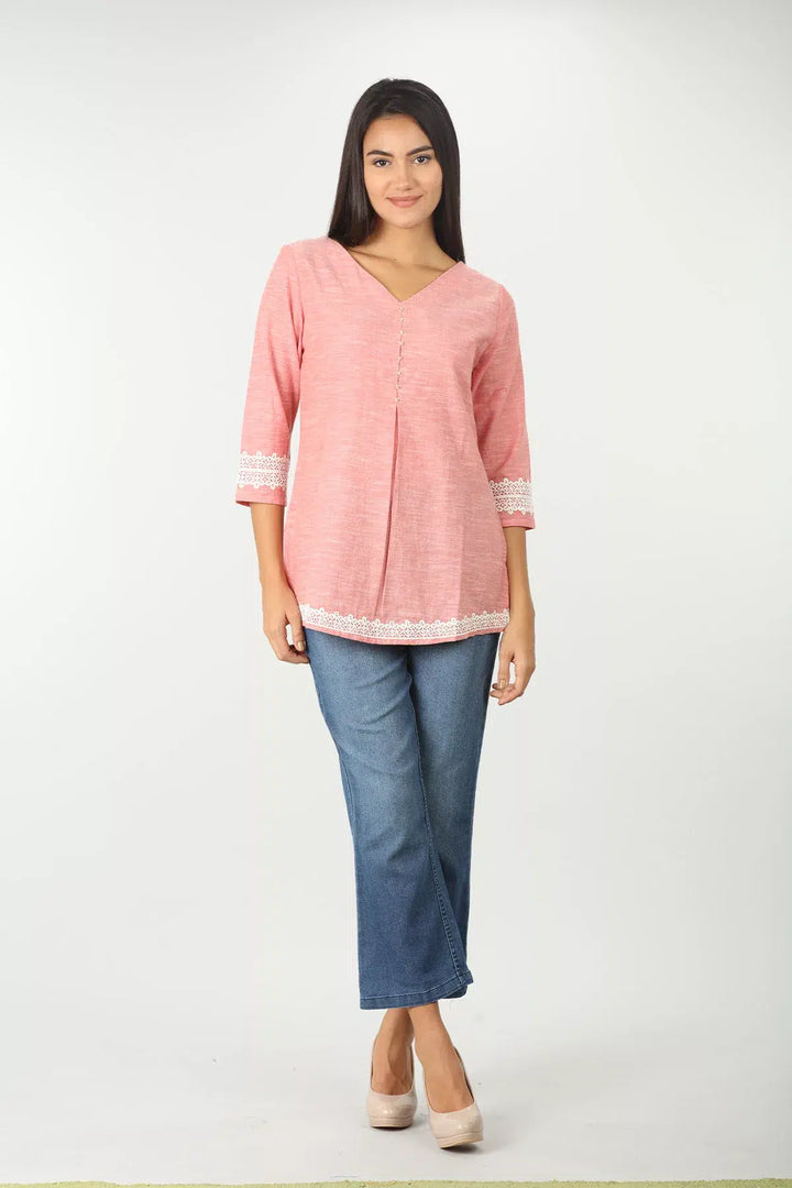 PINK LACE TOP WITH V-NECK