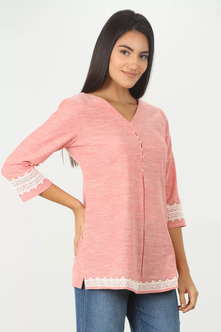 PINK LACE TOP WITH V-NECK