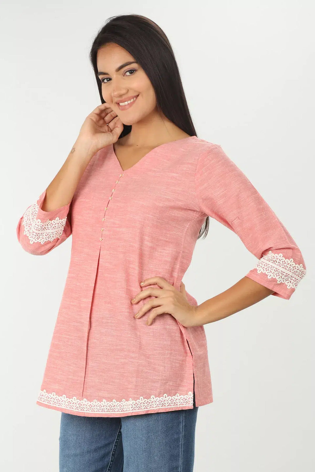 PINK LACE TOP WITH V-NECK