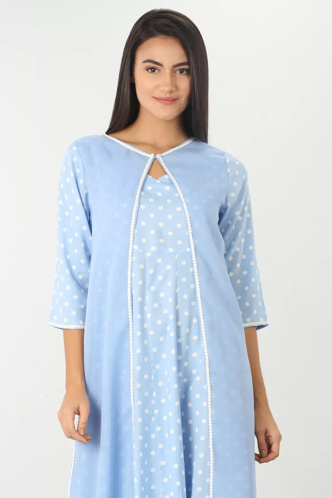 BLUE PRINTED DRESS WITH LONG JACKET