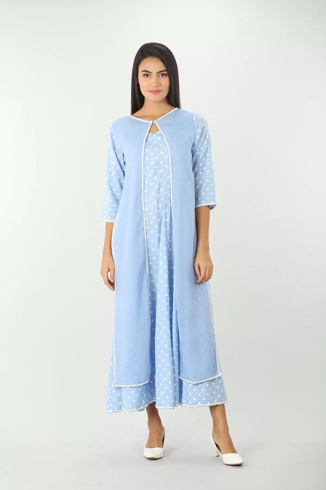 BLUE PRINTED DRESS WITH LONG JACKET