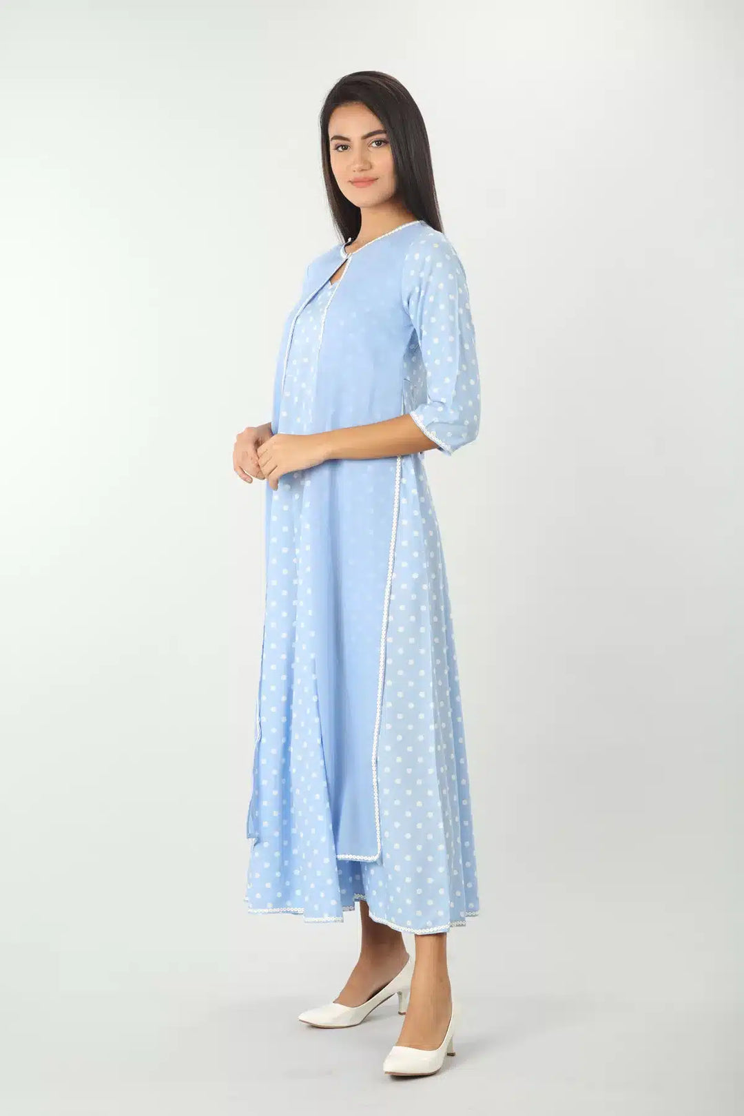 BLUE PRINTED DRESS WITH LONG JACKET