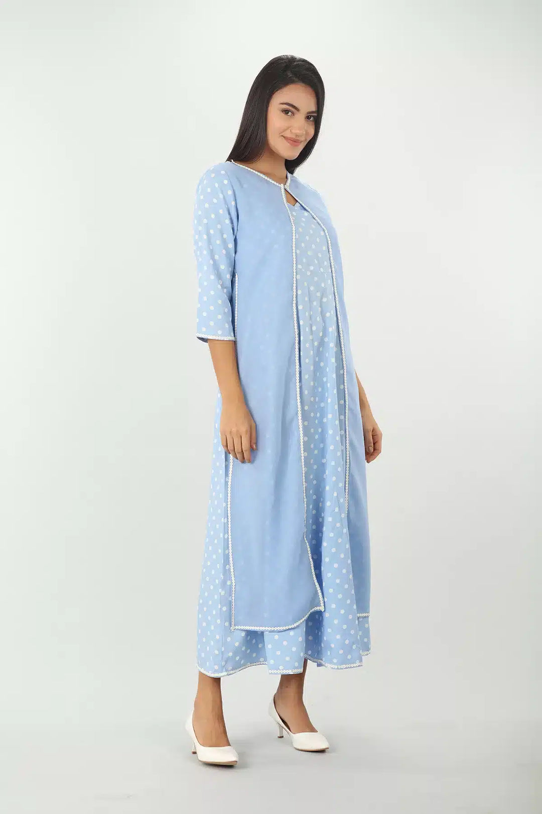 BLUE PRINTED DRESS WITH LONG JACKET