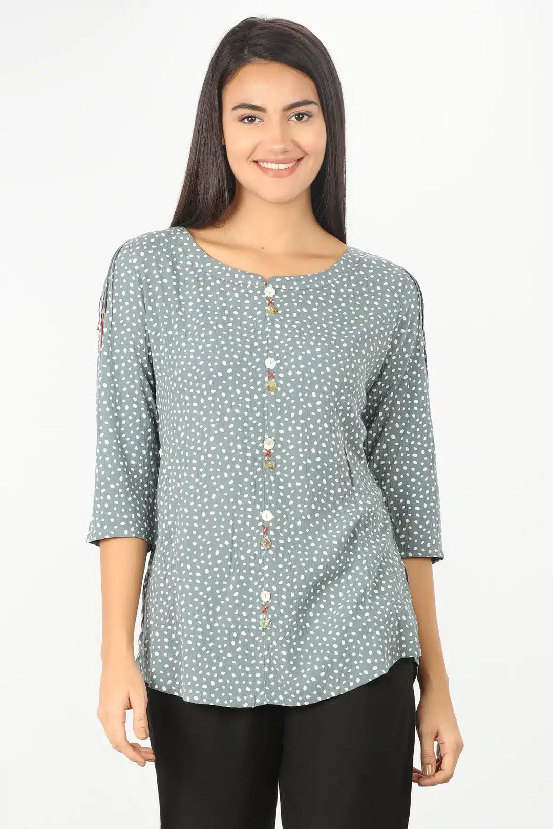 GREY PRINTED ROUND NECK TOP