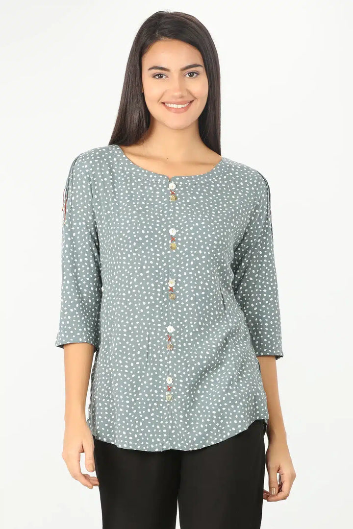 GREY PRINTED ROUND NECK TOP