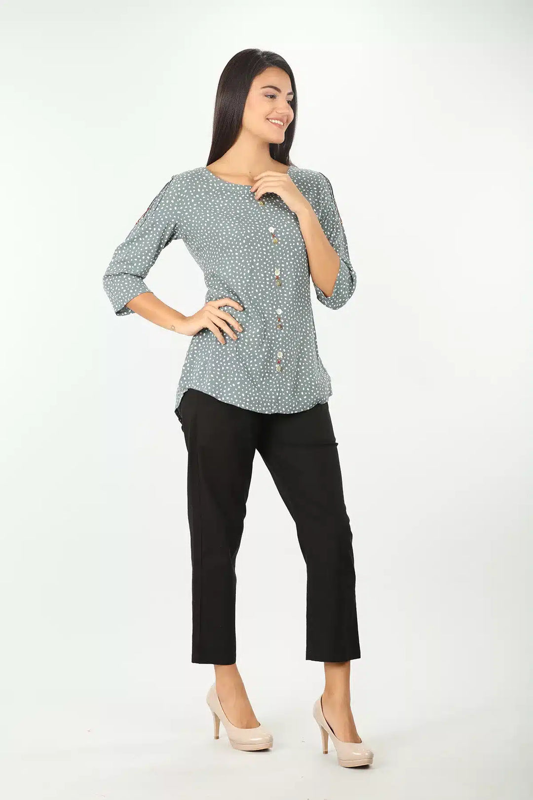 GREY PRINTED ROUND NECK TOP