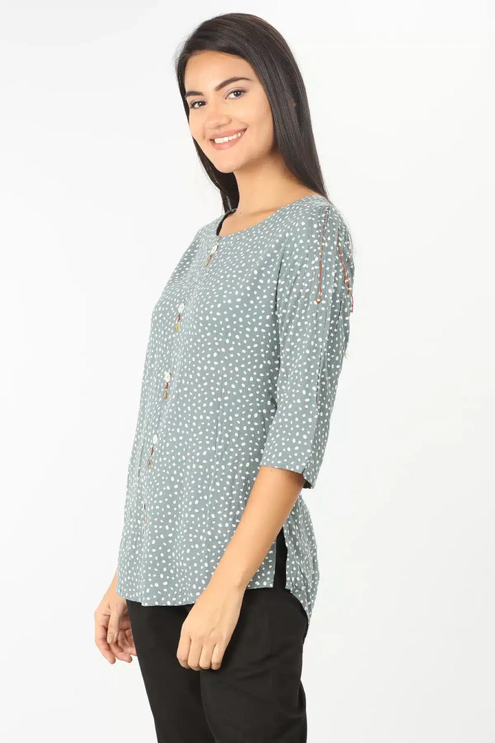 GREY PRINTED ROUND NECK TOP