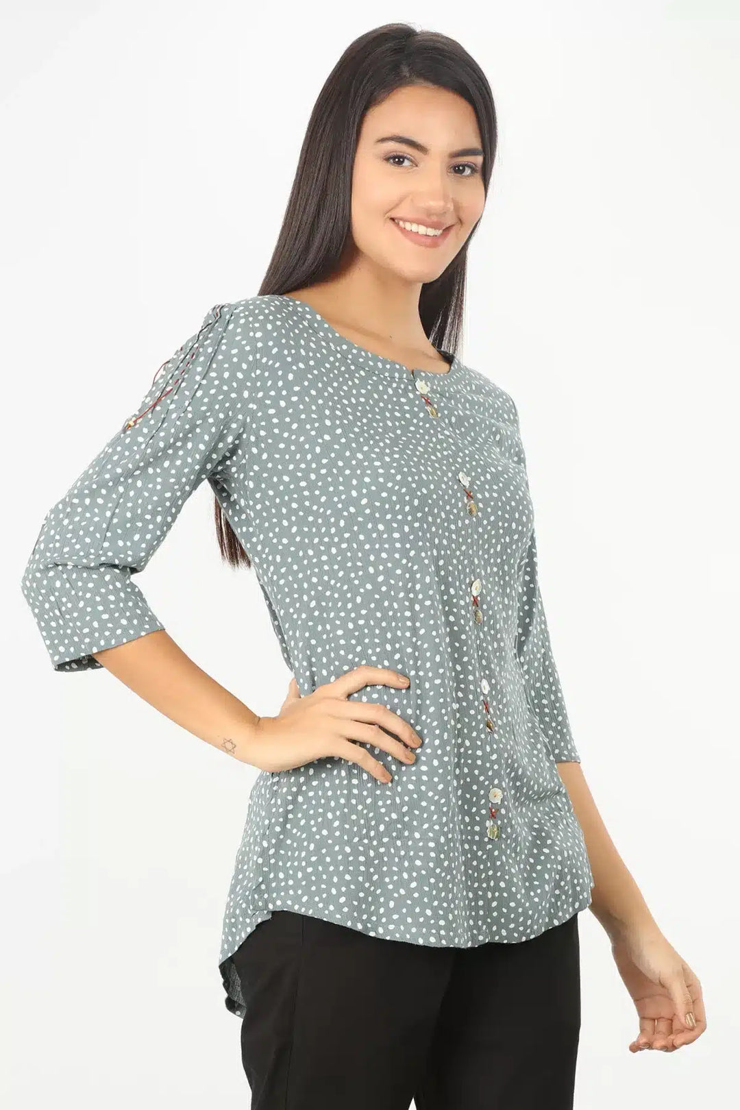 GREY PRINTED ROUND NECK TOP