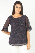 NAVY PRINTED ROUND NECK TOP