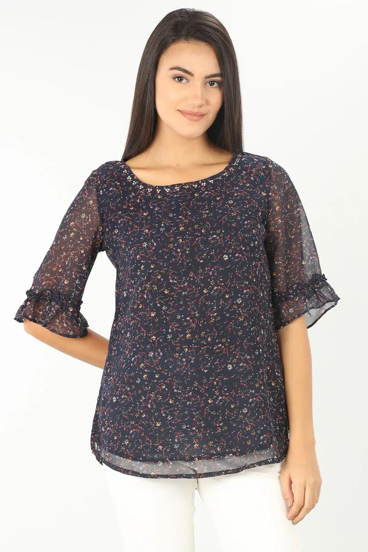 NAVY PRINTED ROUND NECK TOP