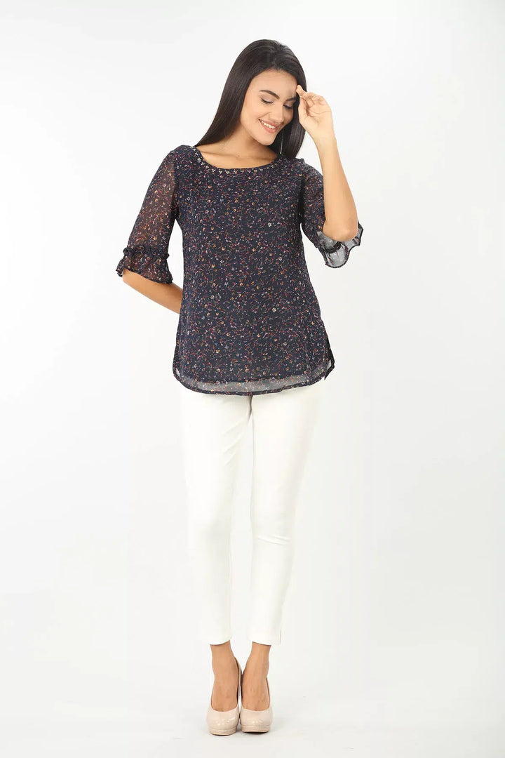 NAVY PRINTED ROUND NECK TOP