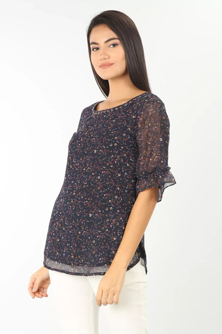 NAVY PRINTED ROUND NECK TOP