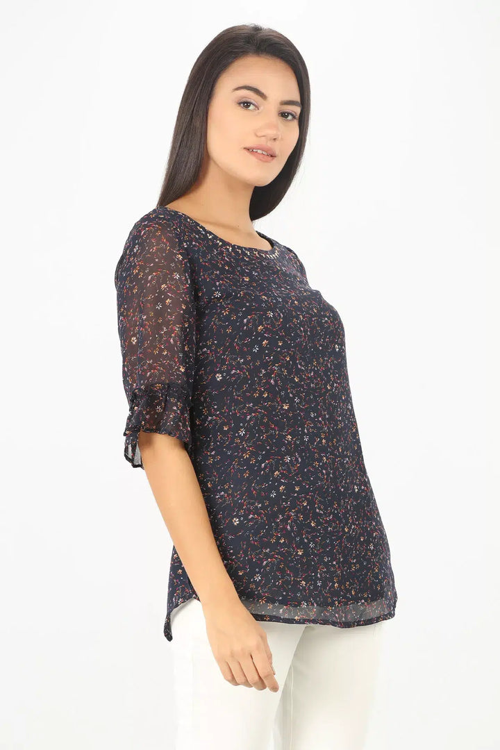 NAVY PRINTED ROUND NECK TOP