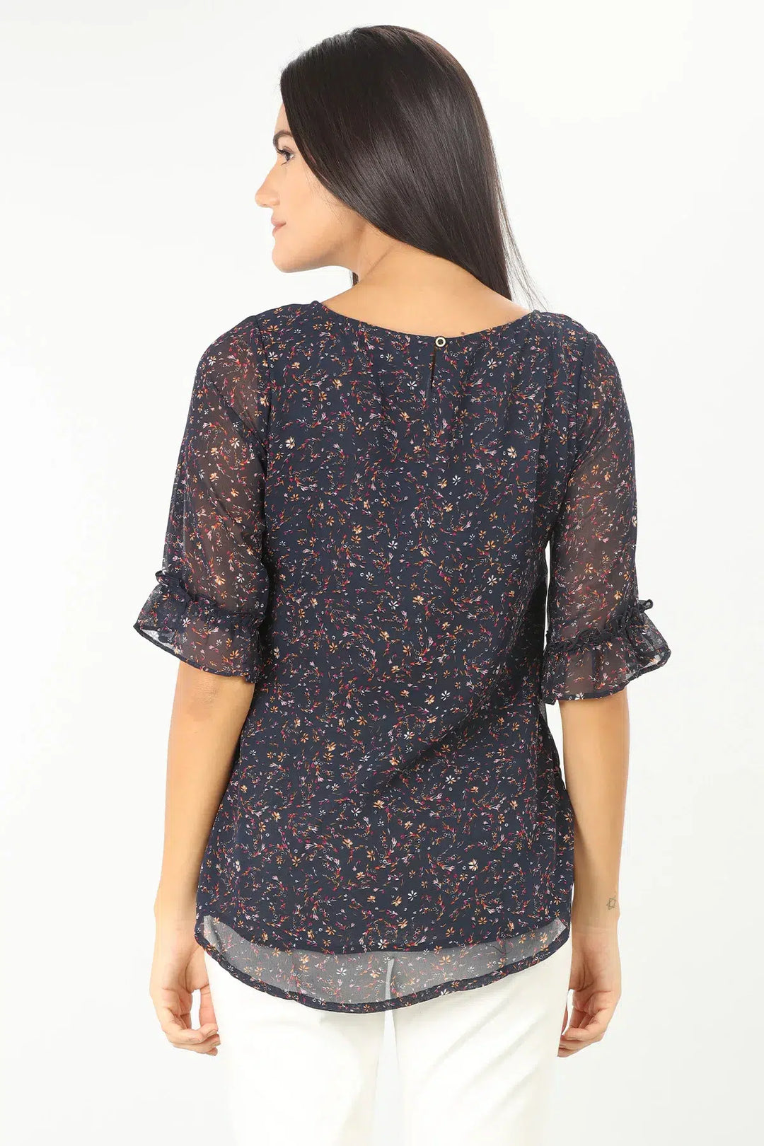 NAVY PRINTED ROUND NECK TOP