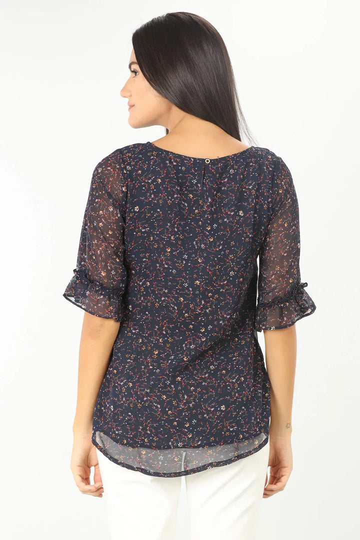 NAVY PRINTED ROUND NECK TOP