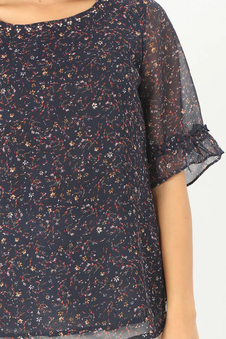 NAVY PRINTED ROUND NECK TOP