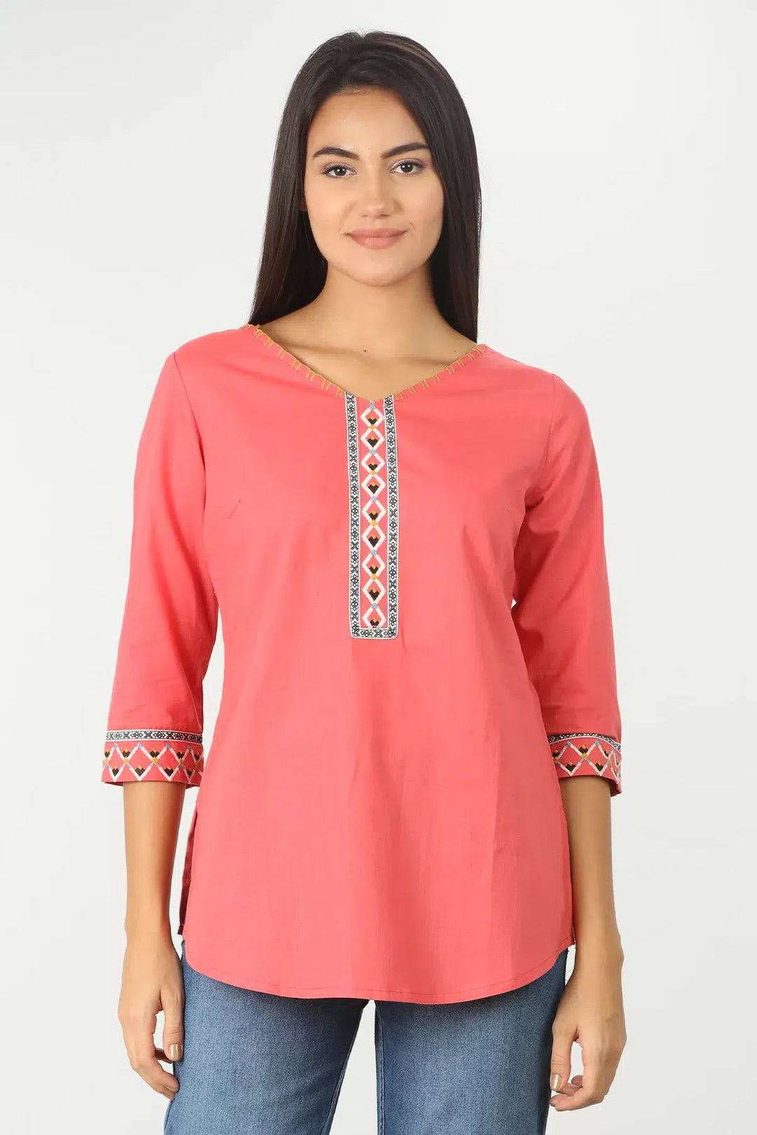 CORAL COTTON EMBROIDERED TOP