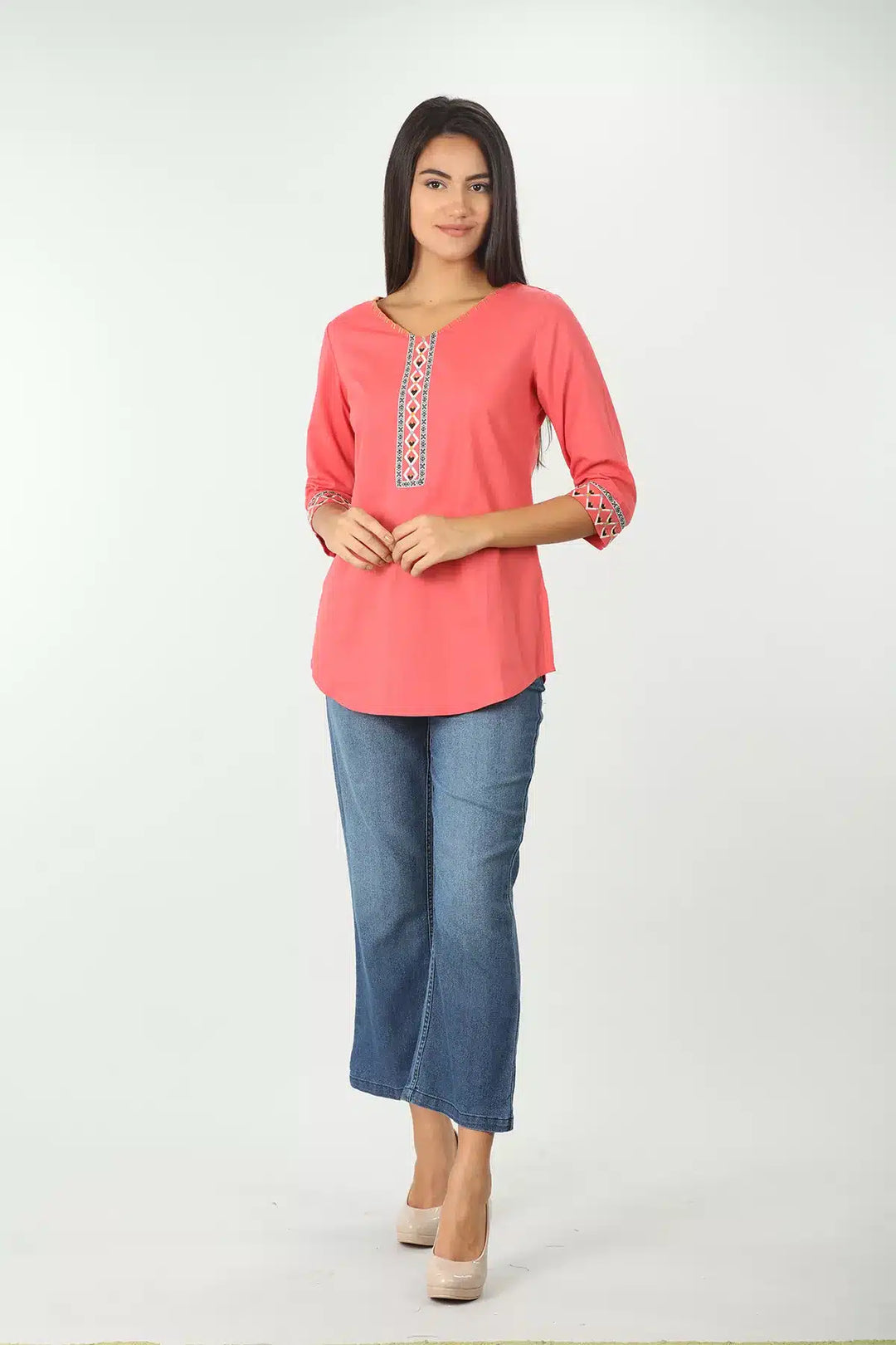 CORAL COTTON EMBROIDERED TOP