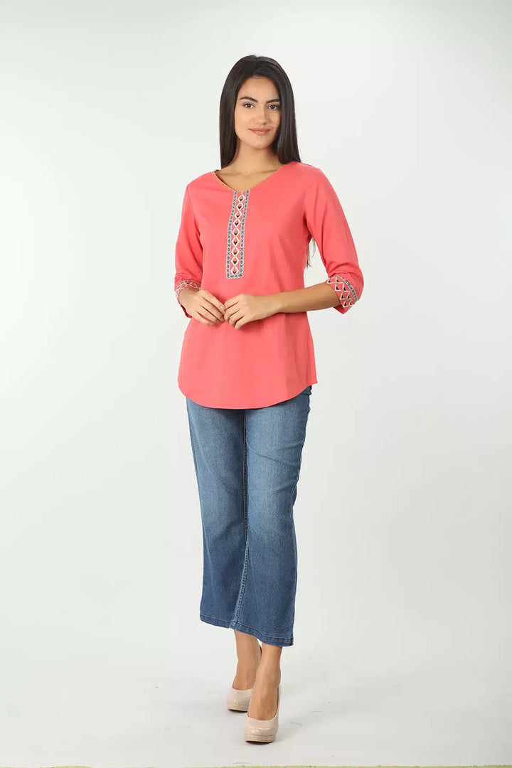 CORAL COTTON EMBROIDERED TOP