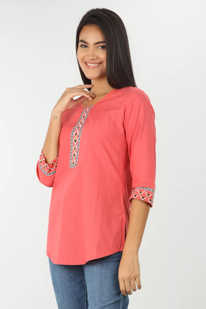 CORAL COTTON EMBROIDERED TOP