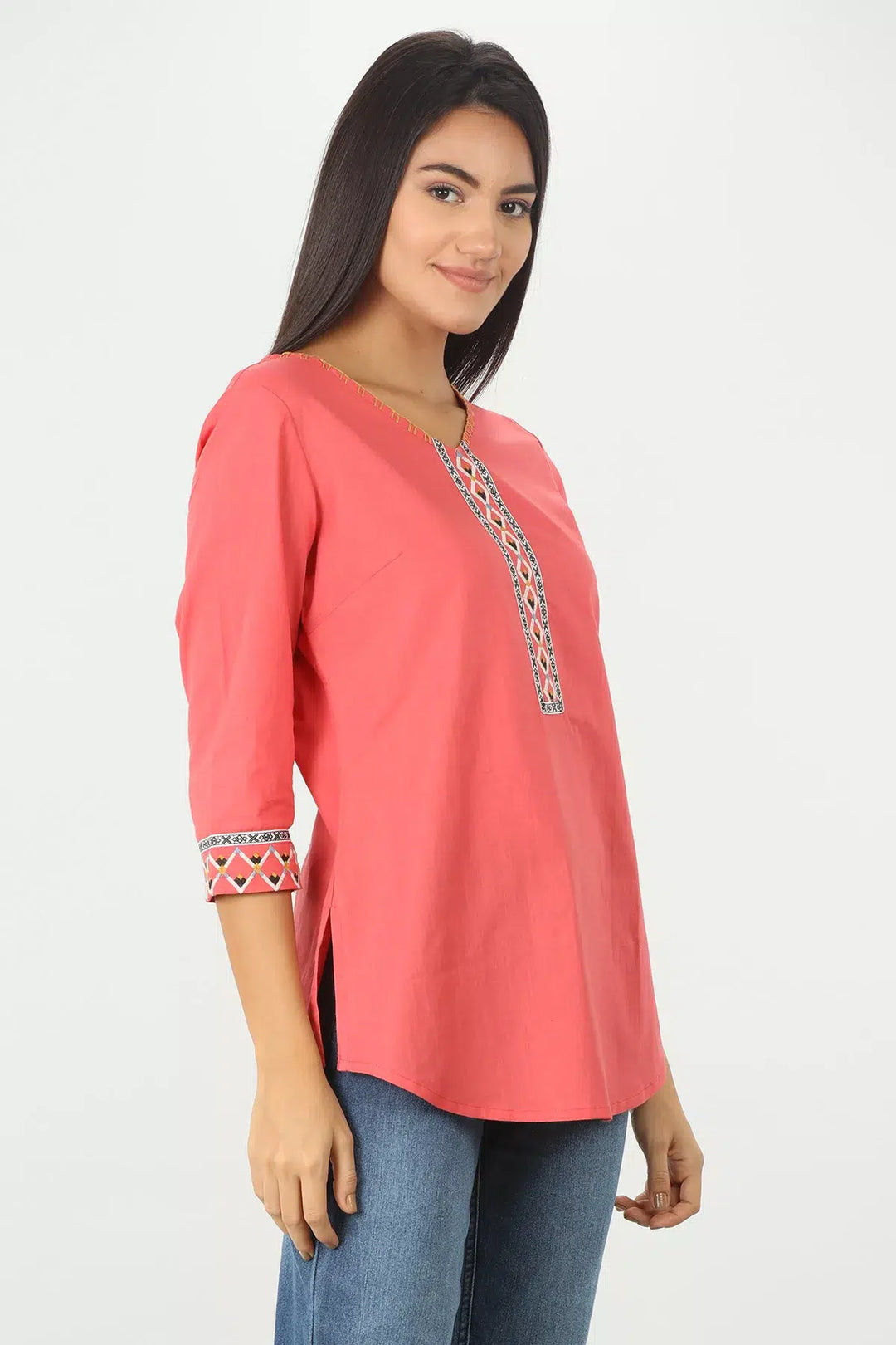 CORAL COTTON EMBROIDERED TOP