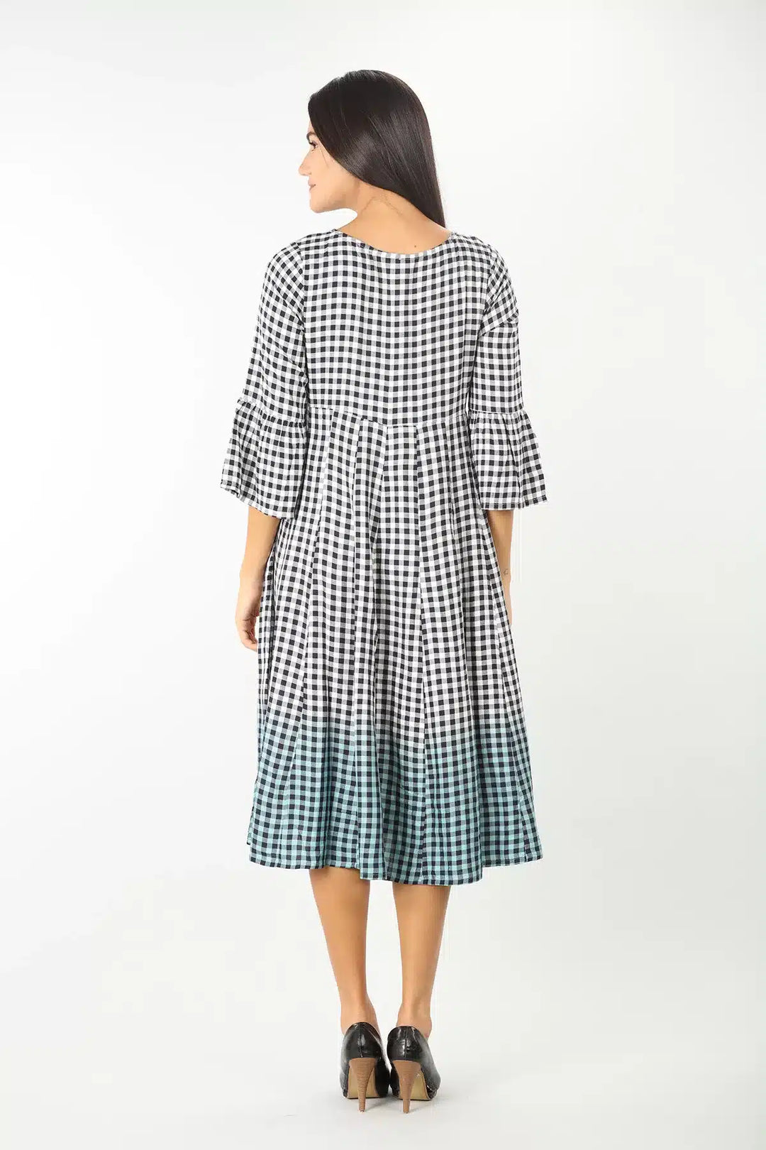 BLACK ROUND NECK DRESS WITH BELL SLEEVES