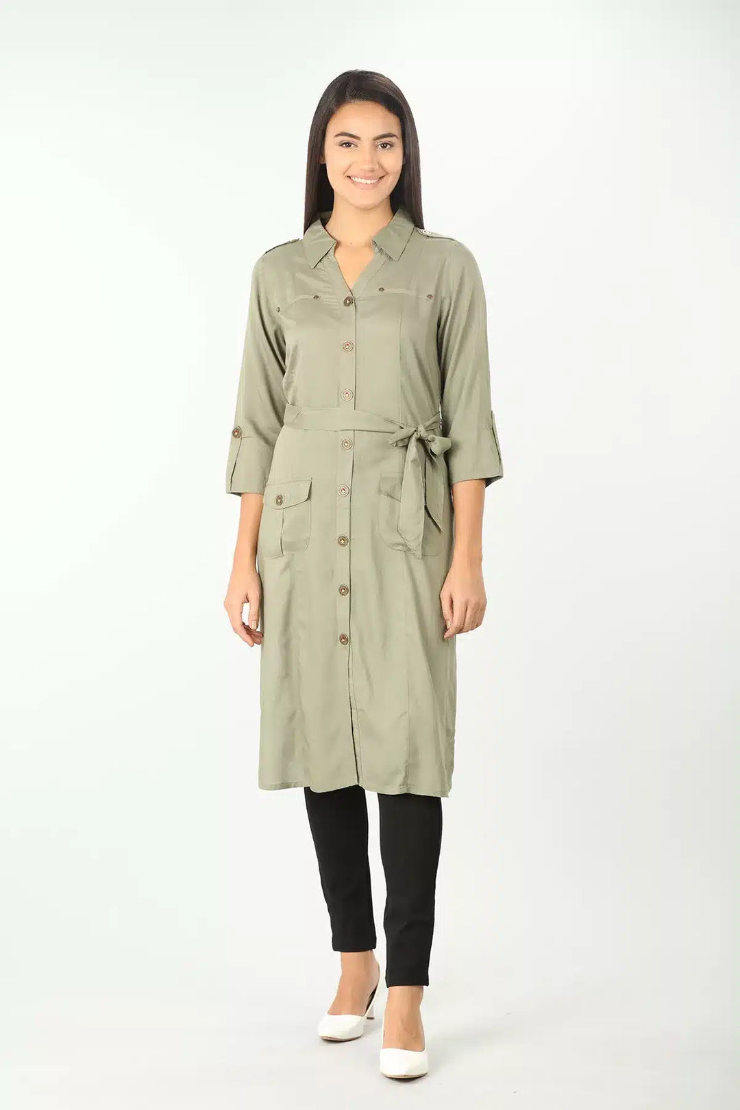 Olive Grey collared Solid Tunic